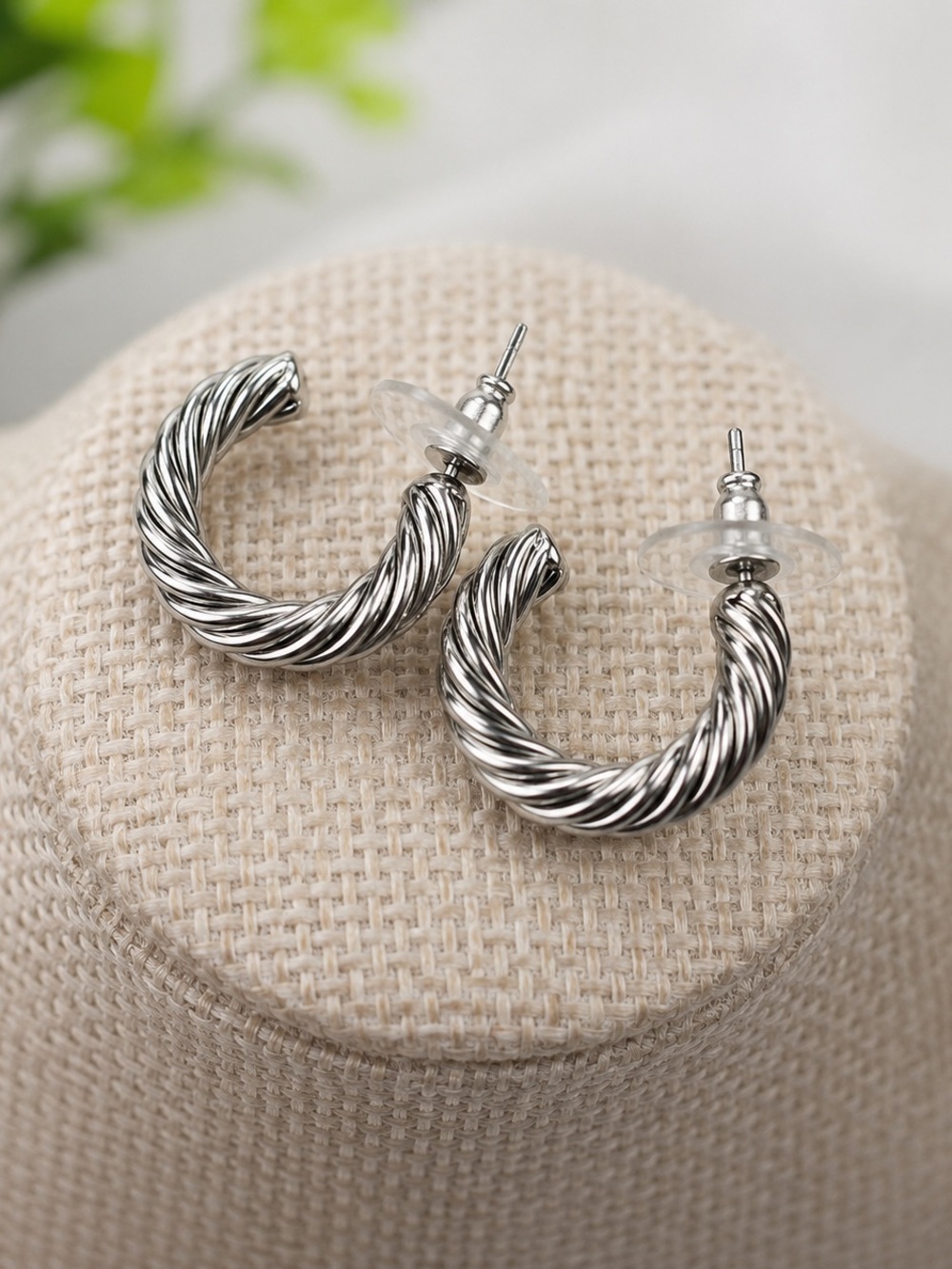 Silver Twisted Rope Hoop Earrings - Silver Tone Pierced 1/2 Inch Hoops